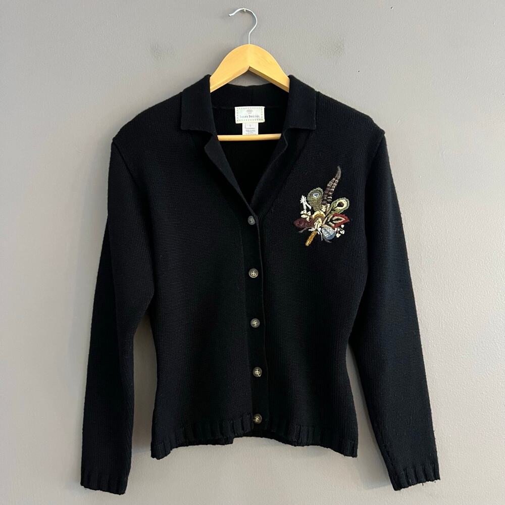 Vtg 1998 Susan Bristol Sweater Cardigan Hand Embroidered Front Button Black s